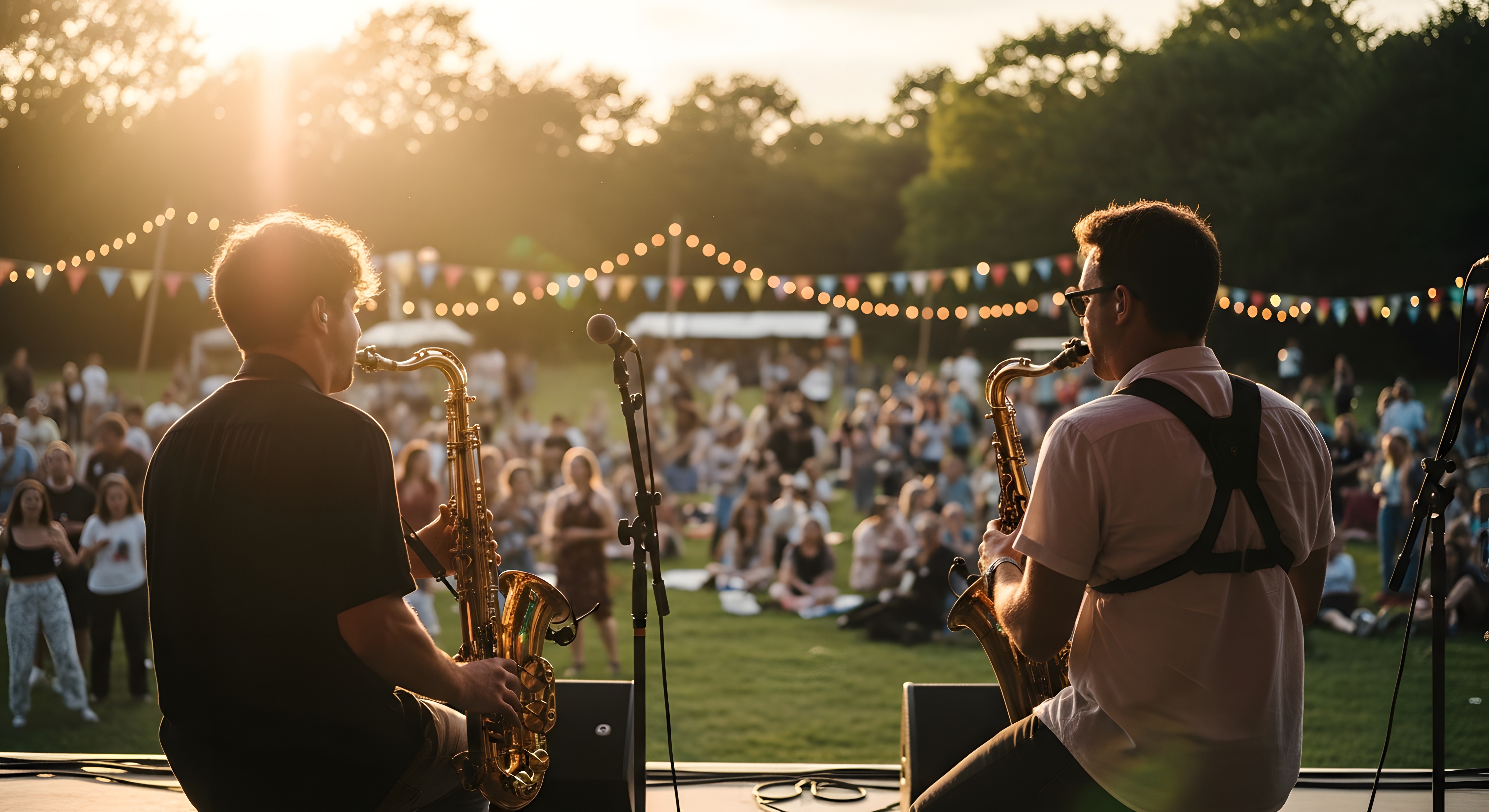 Saxophone players performing at an outdoor Surrey event with bunting and crowd